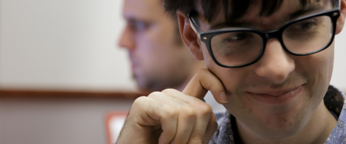 This still from the video shows a student at Exceptional Minds, an animation studio and digital arts school for young adults who fall on the autism spectrum.